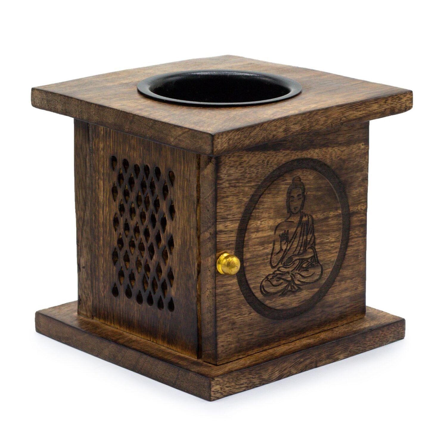 Mango Wood Buddha Oil Burner | Hand-Carved Box Burner for Oils & Wax Melts