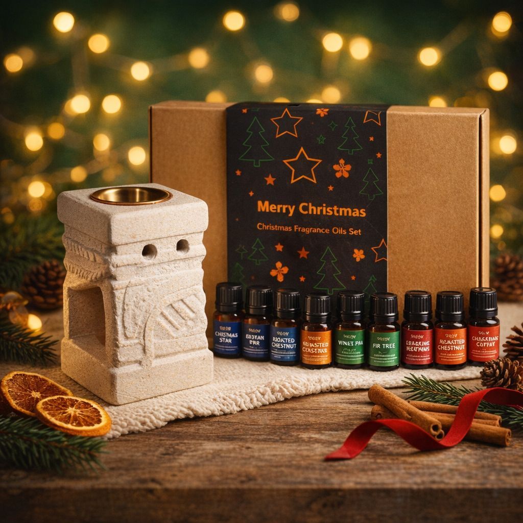 Festive Delights Gift Set with hand-carved sandstone oil burner and 12 Christmas fragrance oils